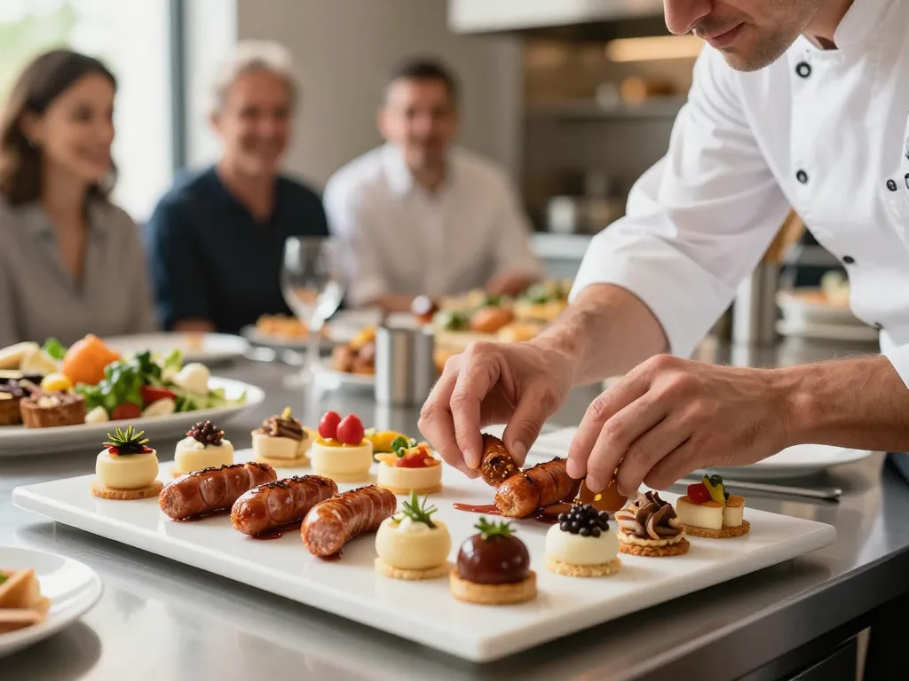 Chef traiteur lyonnais préparant un buffet varié de spécialités artisanales pour une réception gastronomique.