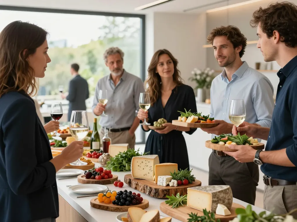 Un buffet gastronomique bio et éco-responsable avec des invités lors d'un événement traiteur à Lyon.