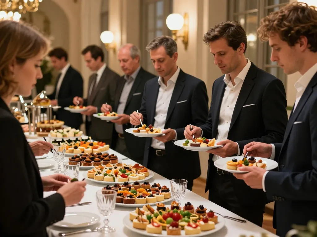 Buffet gastronomique haut de gamme lors d'un cocktail dînatoire d'entreprise à Lyon avec des convives caucasiens souriants.