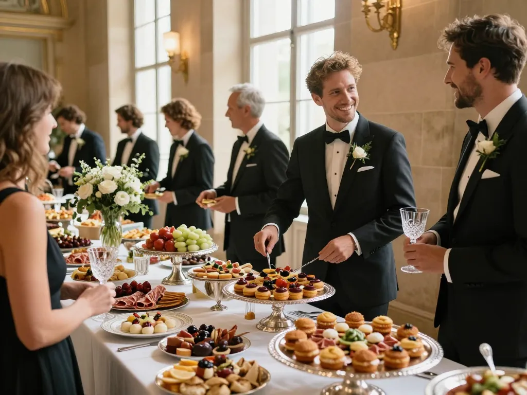 Un buffet de mariage élégant proposant des spécialités de la gastronomie lyonnaise avec des invités de type caucasien dans une salle de réception prestigieuse.