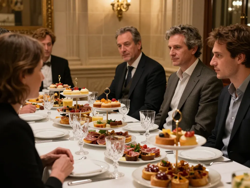 Buffet scénographié de spécialités lyonnaises avec des invités élégants dans une salle de réception prestigieuse.
