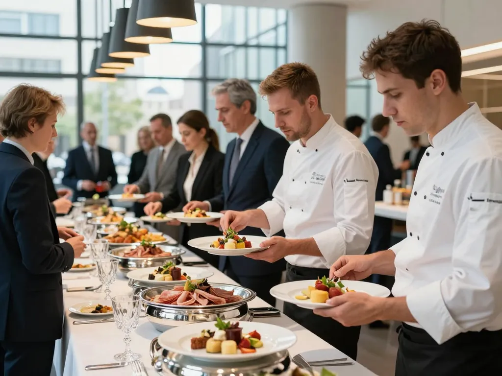 Buffet traiteur de luxe avec spécialités lyonnaises servi lors d'un événement prestigieux à Interpol Lyon, montrant des chefs et des convives dans un cadre élégant.