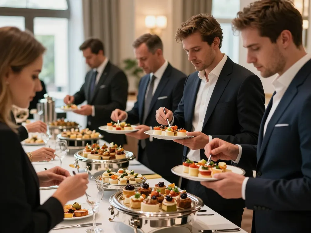 Buffet traiteur haut de gamme à Lyon avec des serveurs et des clients dégustant des mets fins.