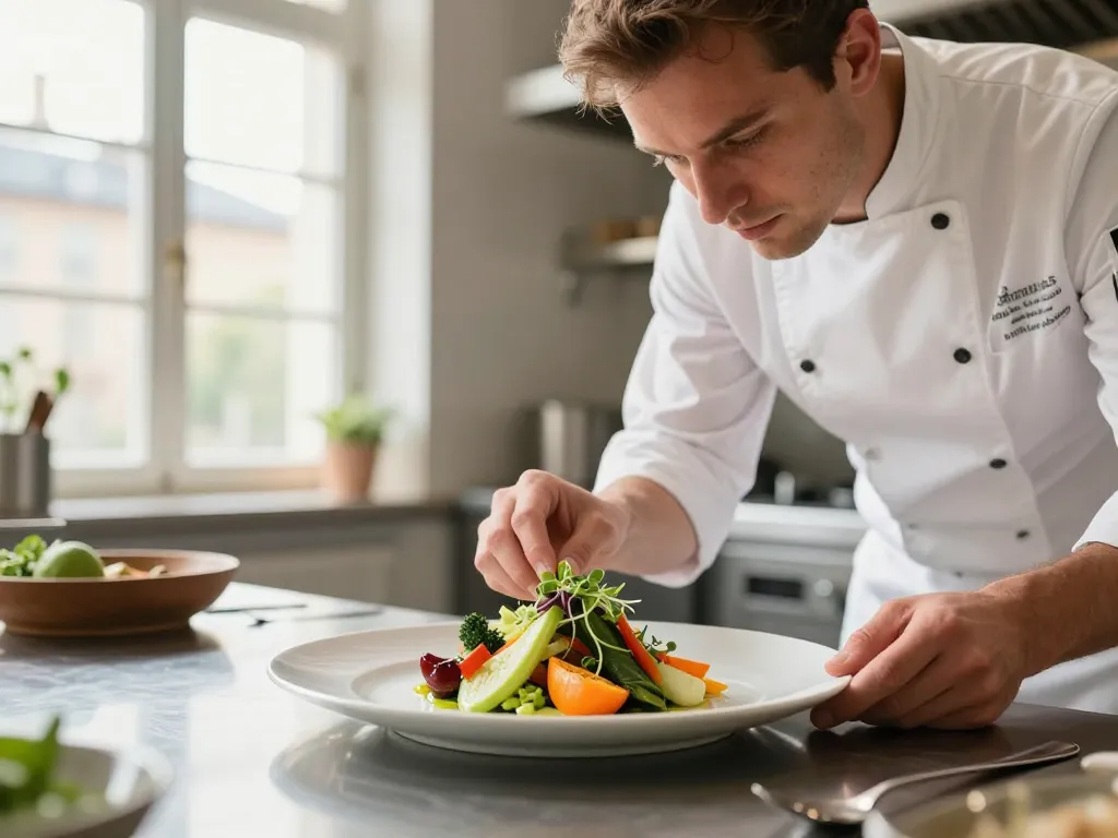 Chef cuisinier caucasien dressant une assiette de légumes bio colorés dans une cuisine lumineuse à Lyon pour un événement traiteur écoresponsable.