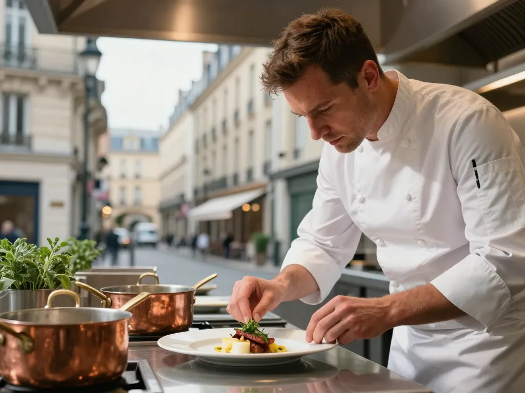 Un chef traiteur lyonnais caucasien dressant avec précision un plat gastronomique dans une cuisine de prestige à Lyon.