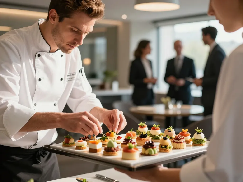 Chef artisan préparant avec précision des pièces de gastronomie lyonnaise lors d'un cocktail dînatoire d'entreprise haut de gamme.