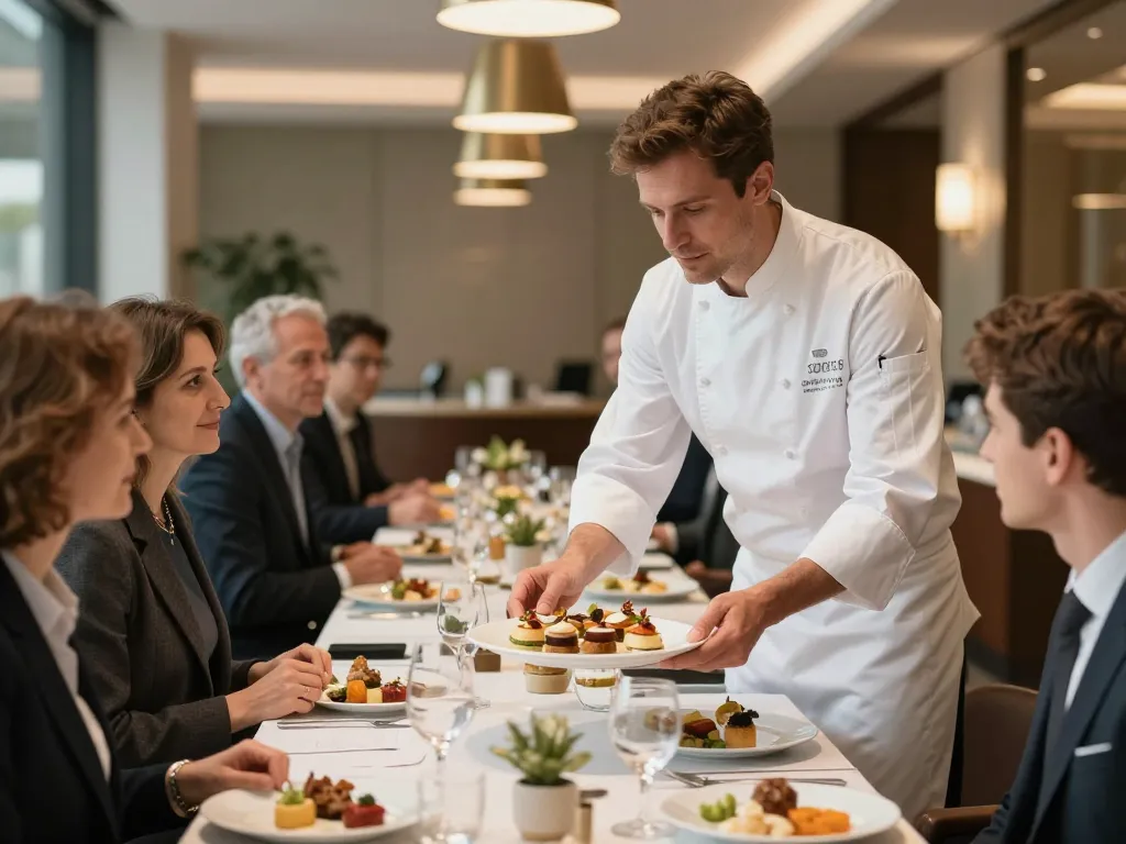 Chef cuisinier présentant des amuse-bouches de gastronomie lyonnaise lors d'un cocktail dînatoire d'entreprise professionnel.