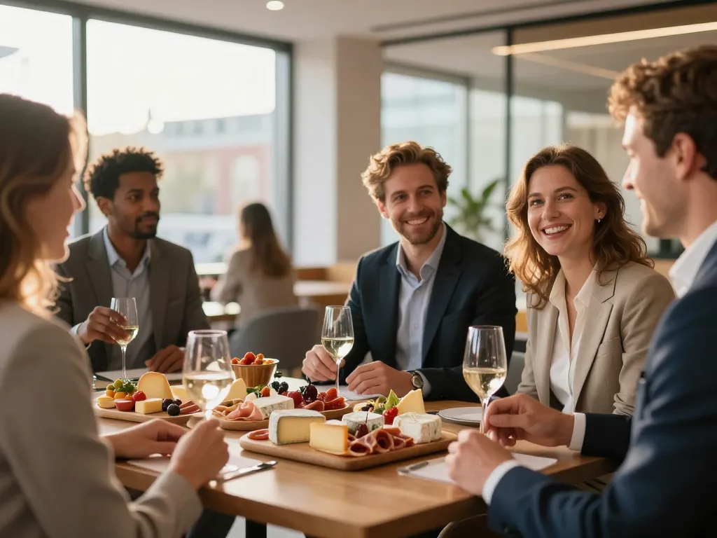 Groupe de collaborateurs dégustant des produits locaux lors d'un cocktail dînatoire d'entreprise à Lyon.
