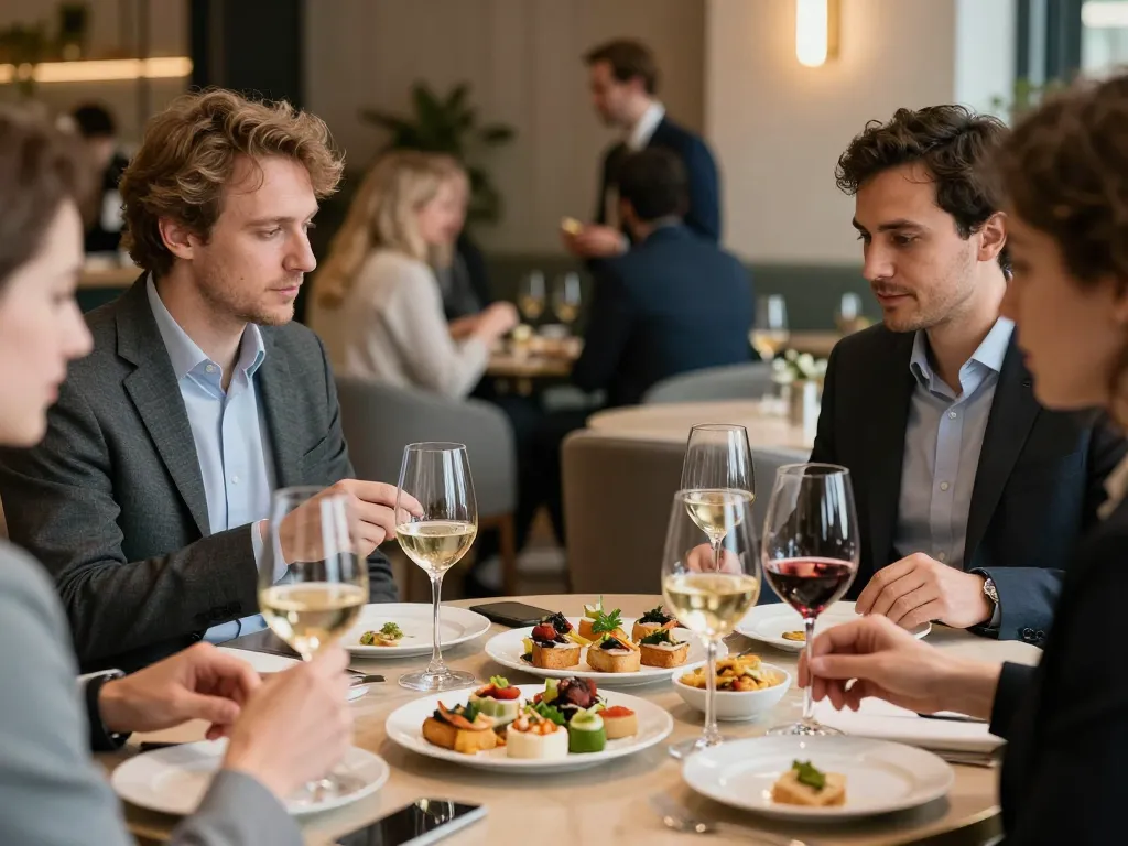 Cocktail dînatoire d'entreprise avec convives dégustant des spécialités de la gastronomie lyonnaise dans un cadre élégant.