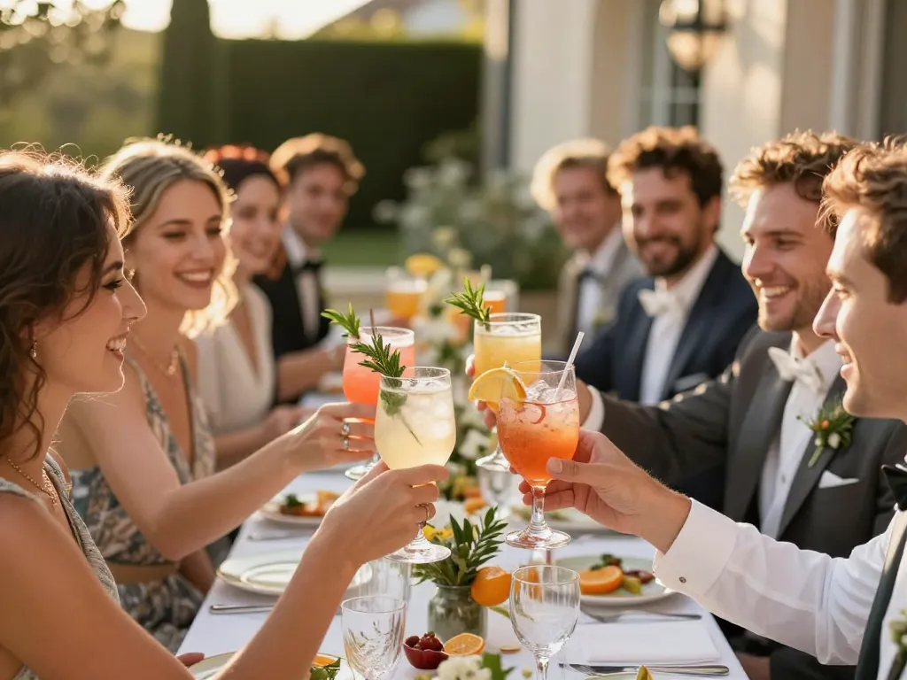 Invités élégants dégustant des cocktails signatures et mocktails sophistiqués lors d'un vin d'honneur de mariage dans un domaine lyonnais.