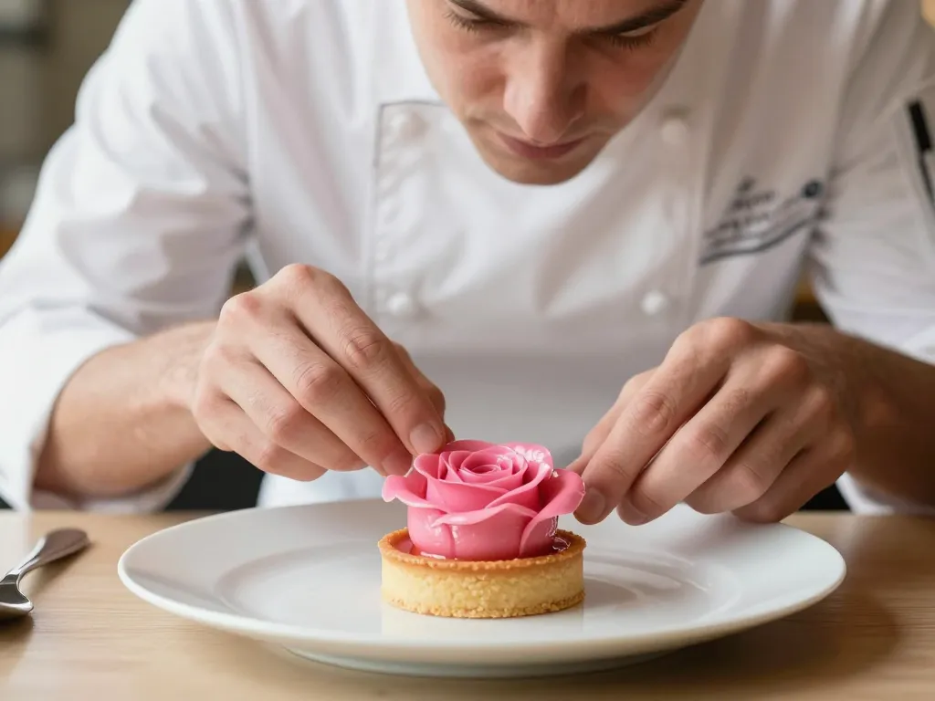 Une tarte à la praline rose revisitée de façon gastronomique, présentée dans un restaurant lyonnais par un chef.