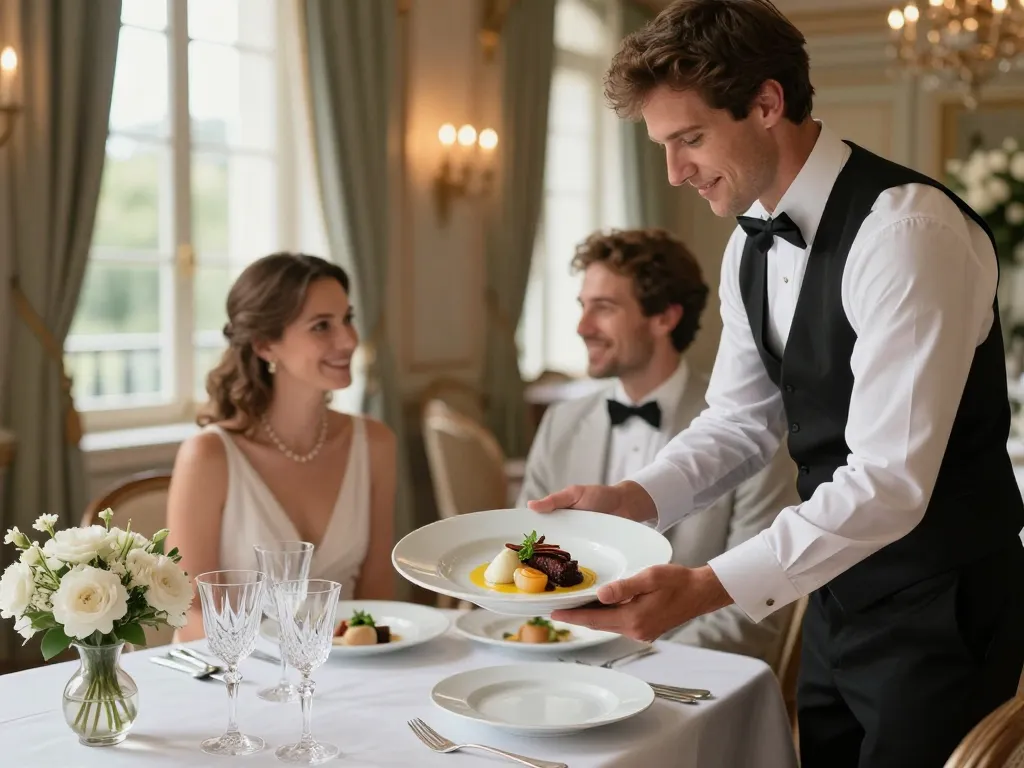 Dressage gastronomique d'un plat de mariage servi à un couple dans un salon de réception prestigieux à Lyon.