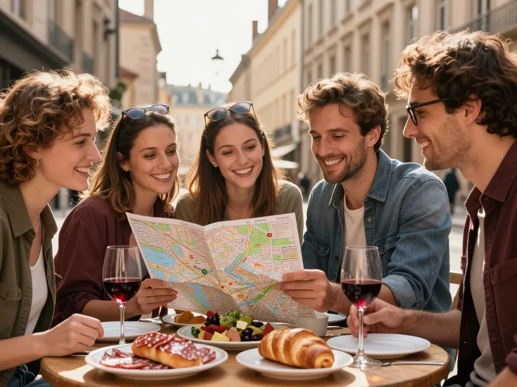 Groupe d'amis caucasiens consultant un plan de Lyon devant une table de spécialités lyonnaises en terrasse.