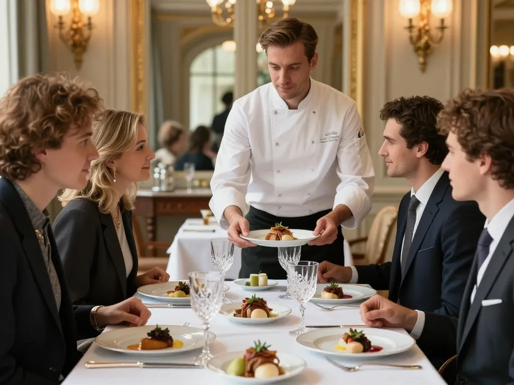 Convives caucasiens dégustant un repas gastronomique lors d'un événement traiteur de prestige à Lyon.