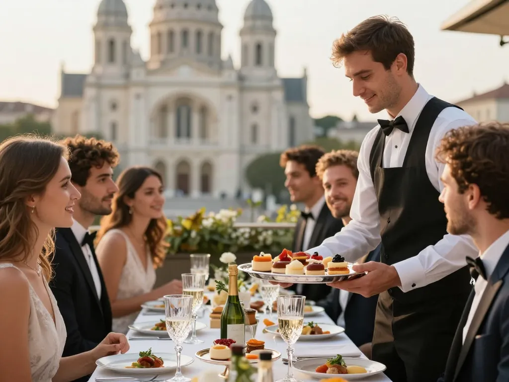 Service de pièces cocktail raffinées par un traiteur lors d'un vin d'honneur de mariage élégant à Lyon.