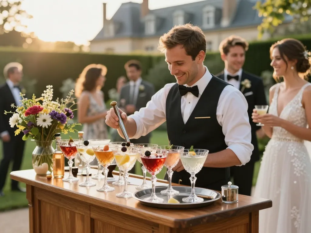 Mixologue professionnel préparant des cocktails créatifs sur un bar mobile lors d'un vin d'honneur de mariage prestigieux à Lyon.