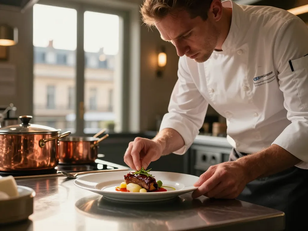 Un chef cuisinier expert dressant un plat gastronomique lyonnais dans une cuisine de prestige avec vue sur la ville de Lyon.