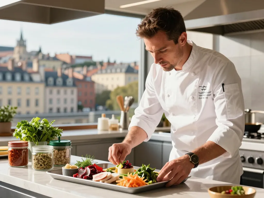 Un chef cuisinier caucasien préparant avec précision un plateau-repas gastronomique dans une cuisine lumineuse lyonnaise.