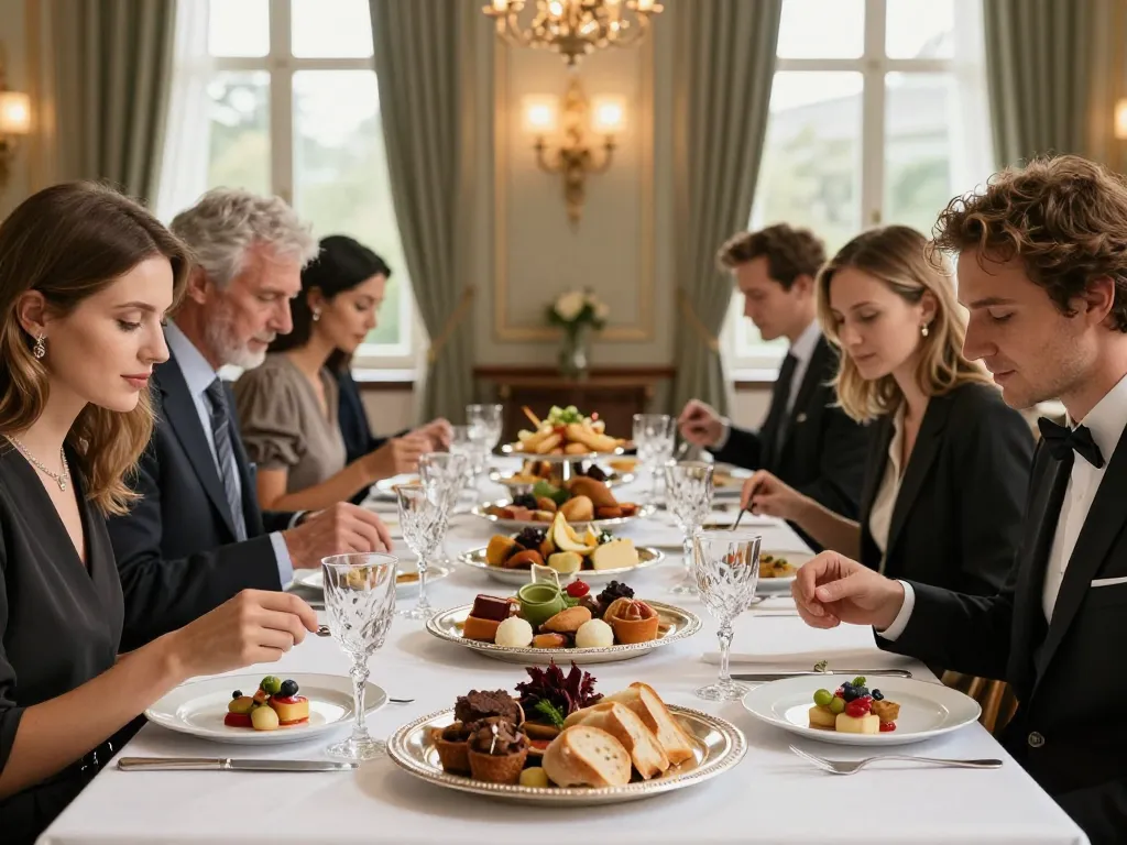 Buffet gourmand de prestige avec des spécialités lyonnaises et des invités élégants.