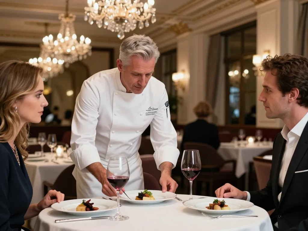 Un chef étoilé présentant un plat de haute gastronomie lyonnaise à des clients dans un restaurant de luxe.
