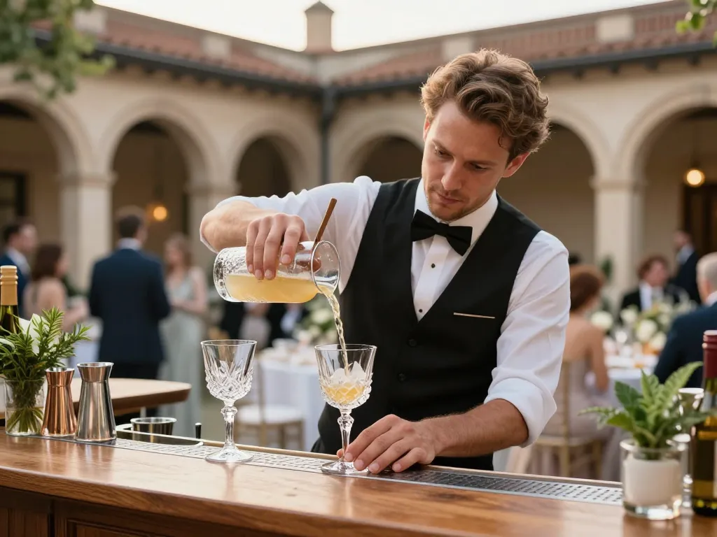 Serveur professionnel préparant un cocktail raffiné lors d'une installation de bar pour un mariage lyonnais haut de gamme.