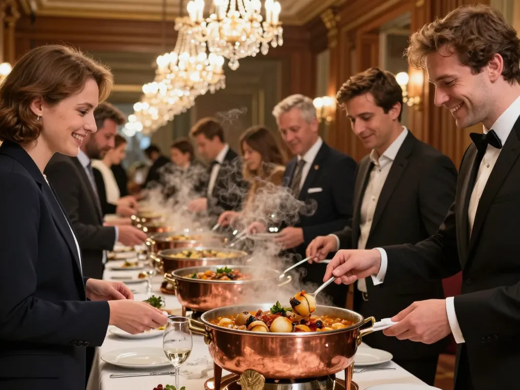 Installation d'un buffet chaud gastronomique lyonnais avec des convives caucasiens se servant des quenelles au brochet.