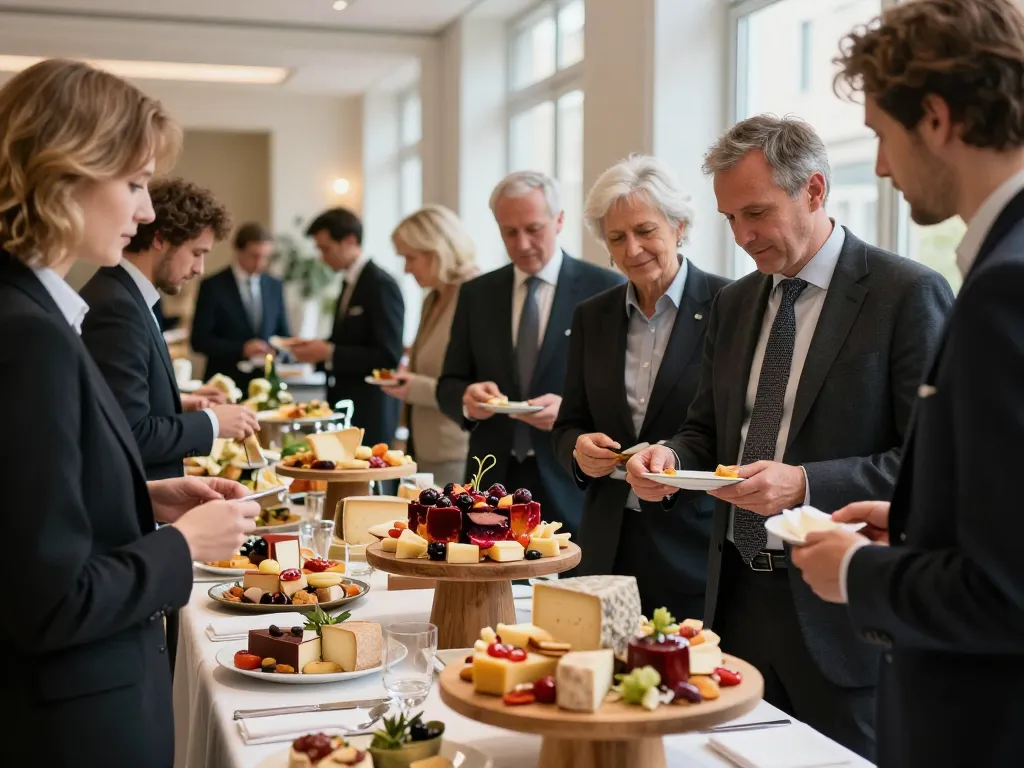 Des convives caucasiens autour d'un buffet froid gastronomique lyonnais lors d'une installation dégustation.