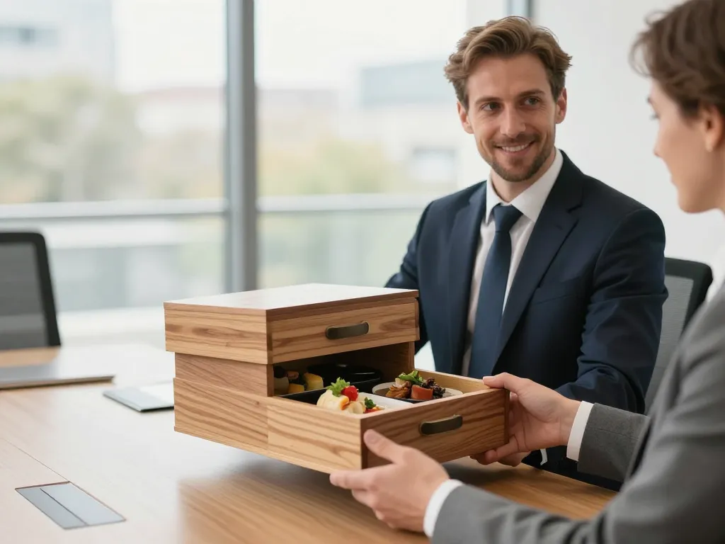 Livraison ponctuelle d'un coffret plateau repas en bois haut de gamme dans un bureau lyonnais moderne