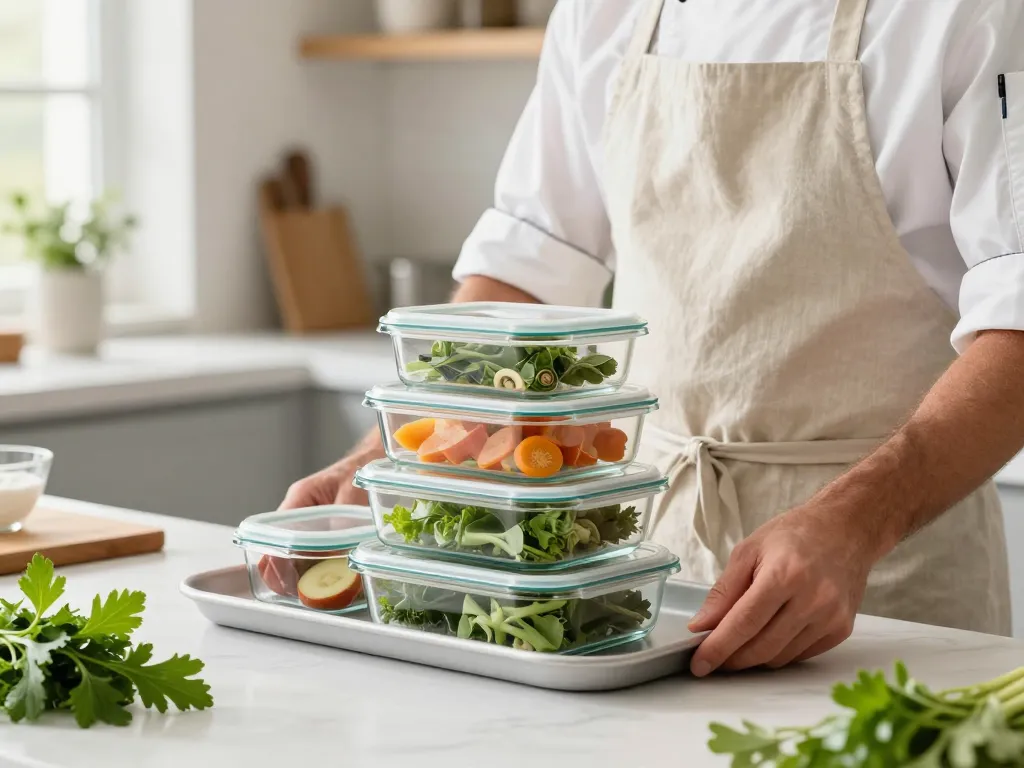 Un chef lyonnais préparant un plateau-repas zéro déchet dans une cuisine artisanale avec des contenants en verre.