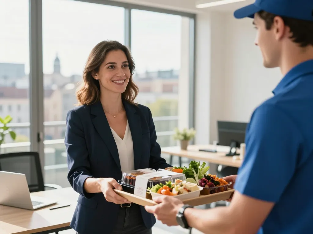 Livraison ponctuelle de plateaux-repas gastronomiques à Lyon dans un bureau moderne et lumineux.