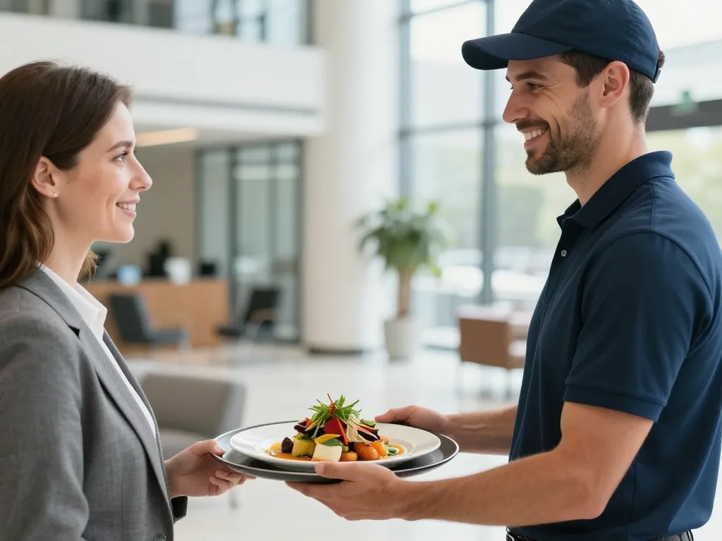 Un livreur souriant remettant un plateau repas avec une entrée de saison fraîche dans une entreprise lyonnaise.