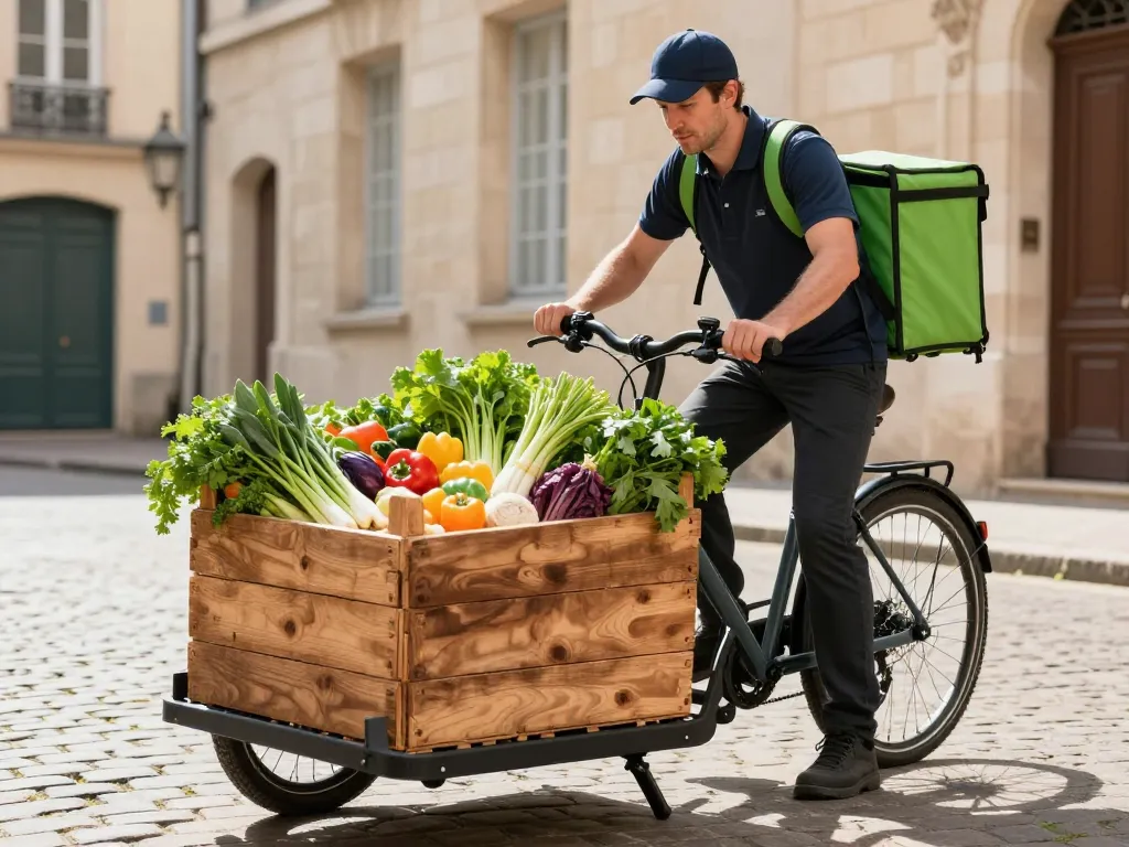 Livreur traiteur caucasien déchargeant des légumes frais d'un vélo cargo électrique dans une rue de Lyon, logistique écoresponsable.