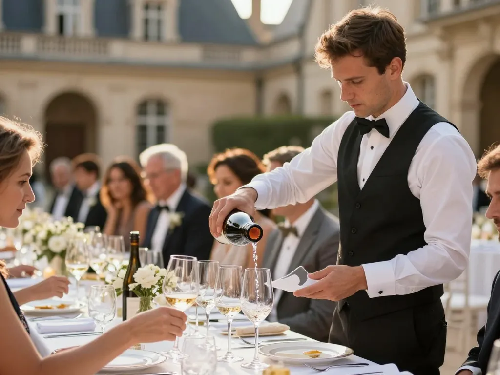Un sommelier professionnel servant du vin lors d'une réception de mariage haut de gamme dans un château à Lyon.