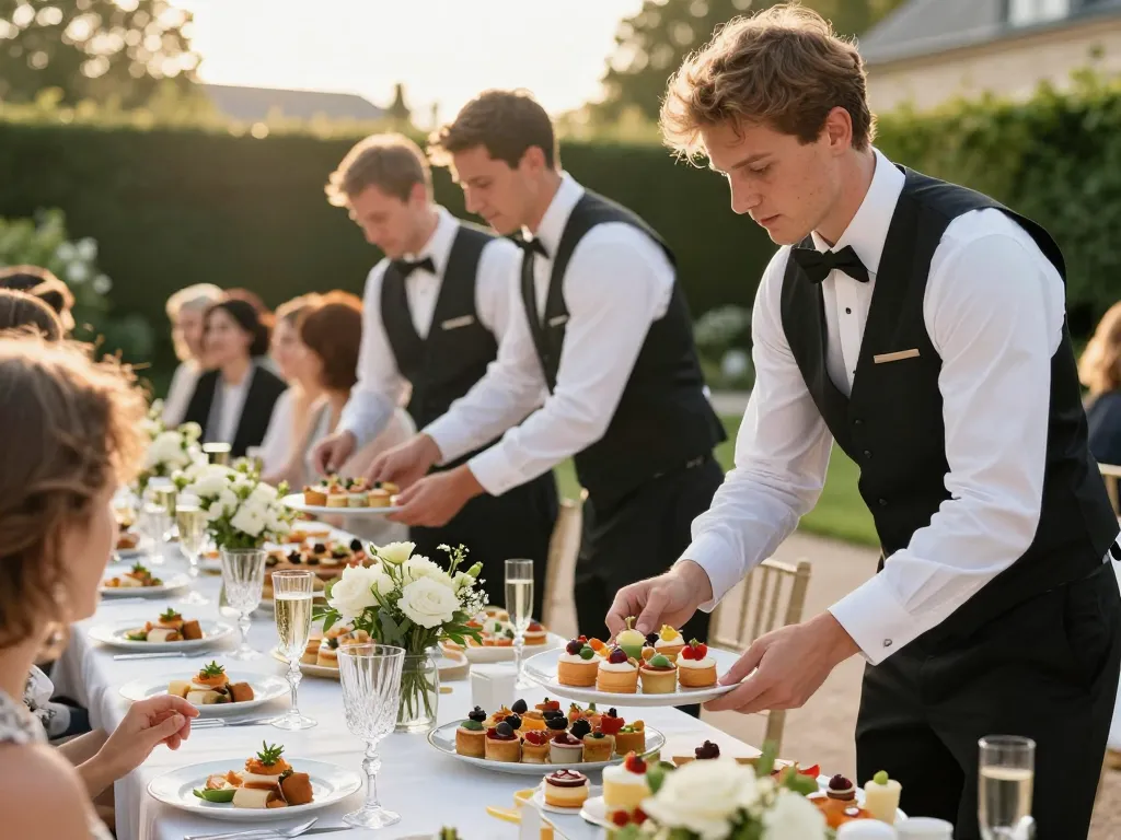 Serveurs professionnels lors d'un cocktail de mariage prestigieux à Lyon, illustrant la logistique traiteur et l'élégance gastronomique.