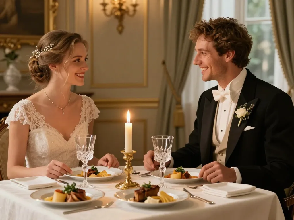 Un couple de mariés caucasiens élégants savourant un repas gastronomique lors d'un mariage privé à Lyon.