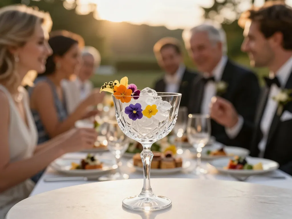 Détail d'un verre décoré de fleurs comestibles et de glace sculptée
