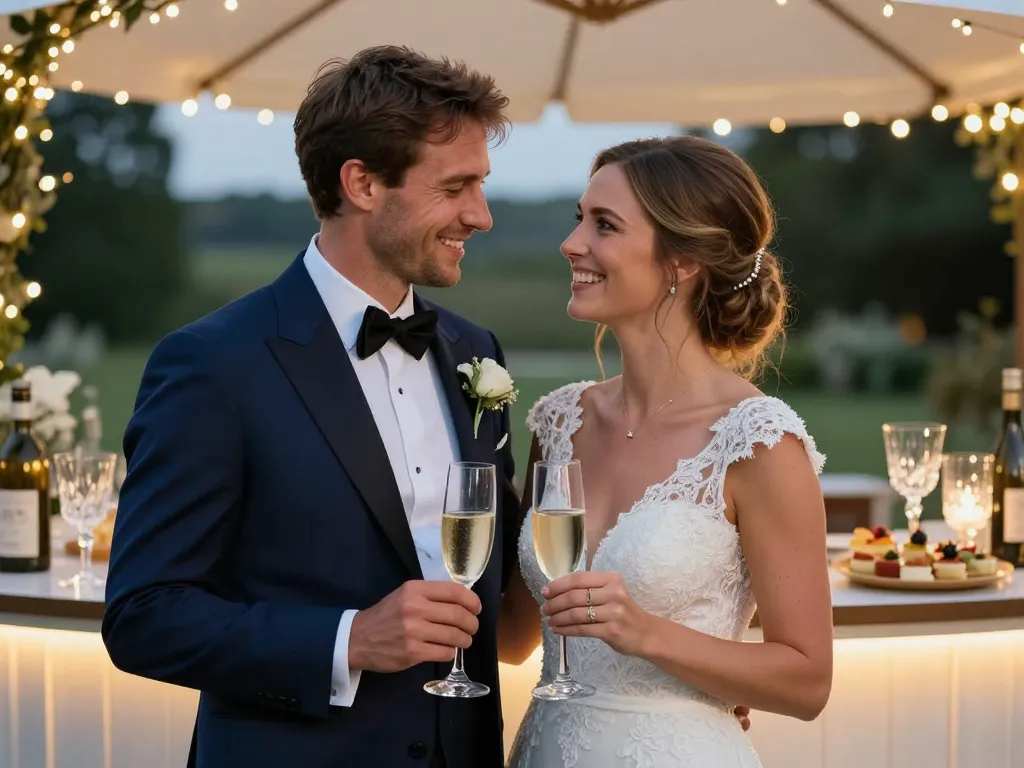 Sourires des mariés devant un bar éphémère illuminé
