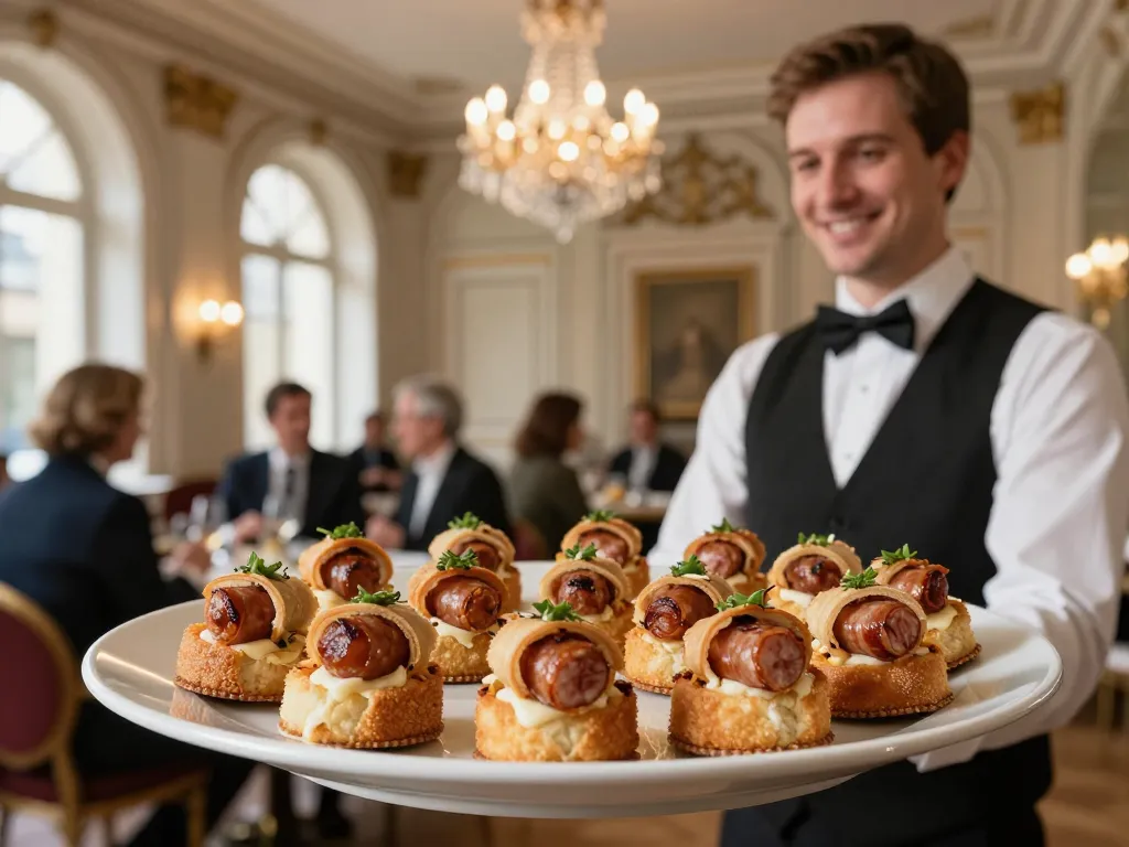 Plateau de pièces cocktail gastronomiques lyonnaises servies lors d'une réception raffinée.