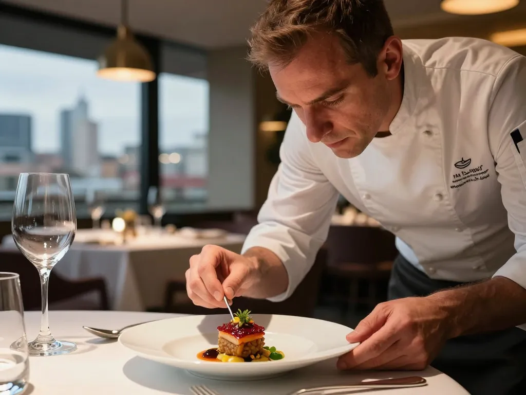Chef cuisinier caucasien dressant avec précision un plat gastronomique lyonnais dans un restaurant de prestige.