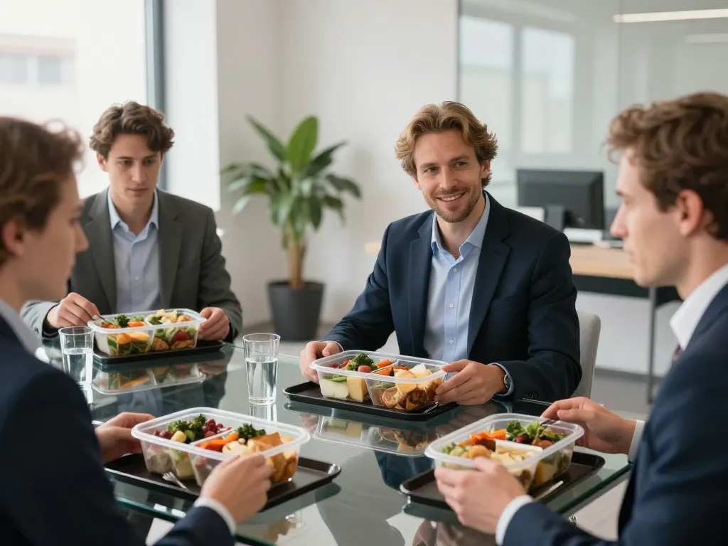 Collaborateurs d'entreprise dégustant des plateaux-repas gastronomiques de Lyon dans un bureau moderne.