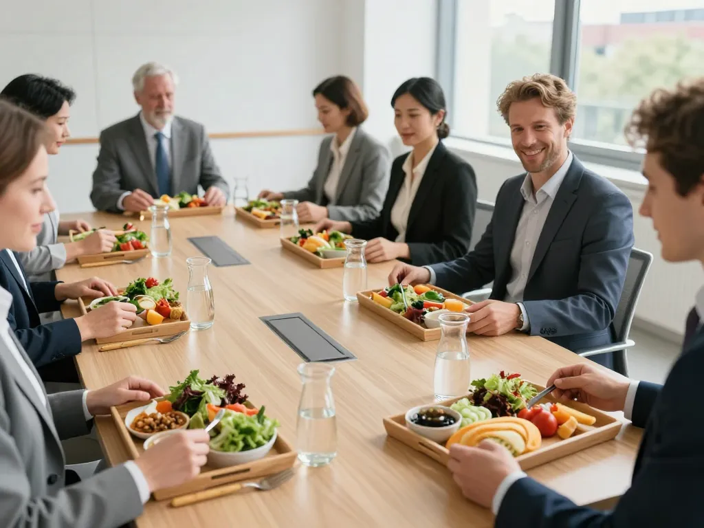 Collaborateurs caucasiens dégustant des plateaux-repas frais et gastronomiques lors d'une réception d'entreprise à Lyon.