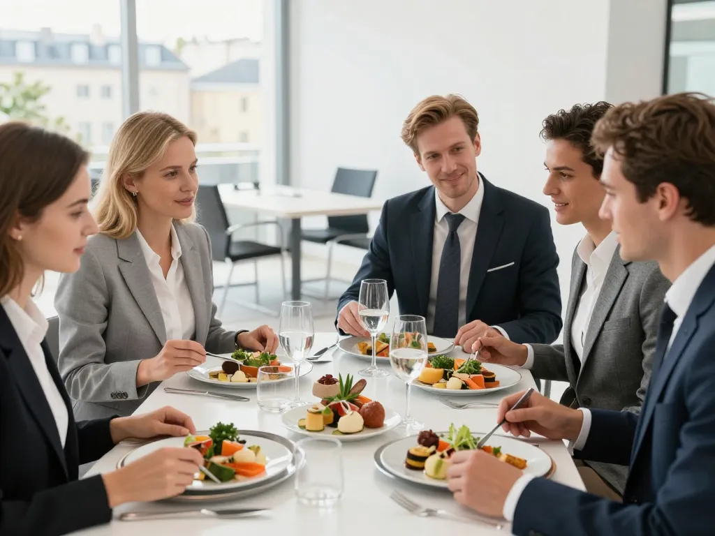 Plateaux repas gastronomiques livrés à des professionnels dans un bureau lyonnais moderne.
