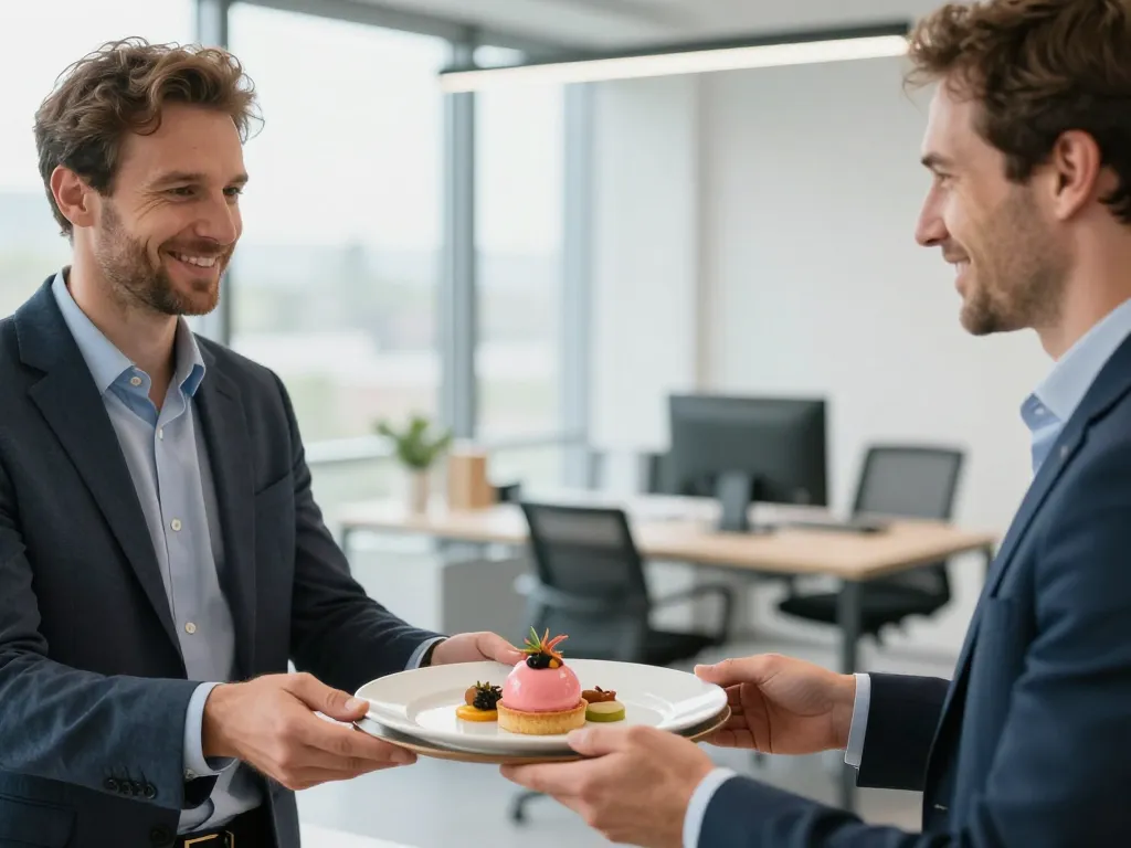 Réception d'un plateau-repas gastronomique avec un dessert artisanal de qualité dans un bureau moderne à Lyon.