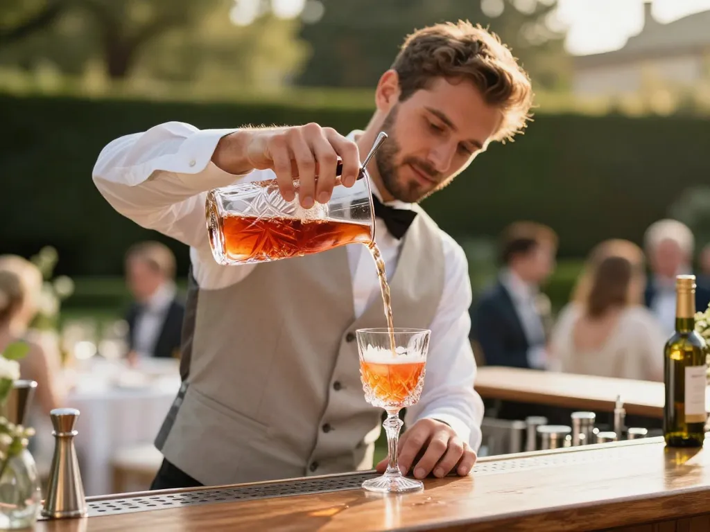 Barman expert servant des cocktails lors d'un vin d'honneur de mariage haut de gamme à Lyon.