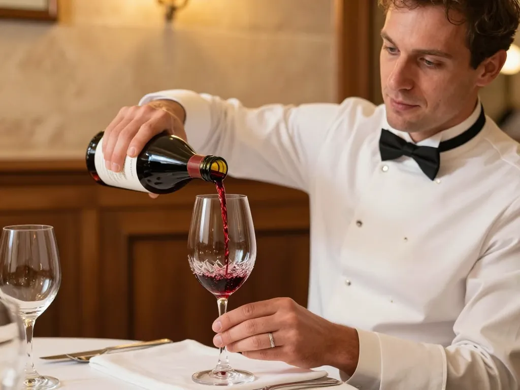 Service discret et raffiné d'un vin du Beaujolais par un serveur dans un restaurant de gastronomie lyonnaise.