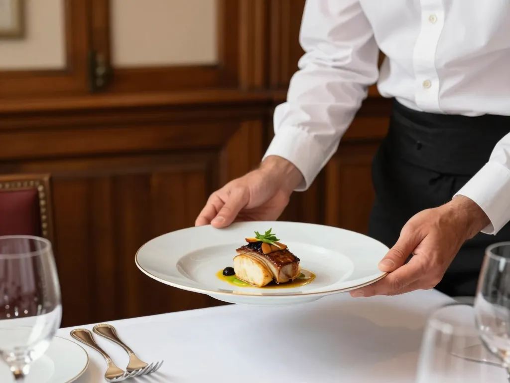 Un serveur professionnel présentant une spécialité lyonnaise avec un dressage gastronomique raffiné.