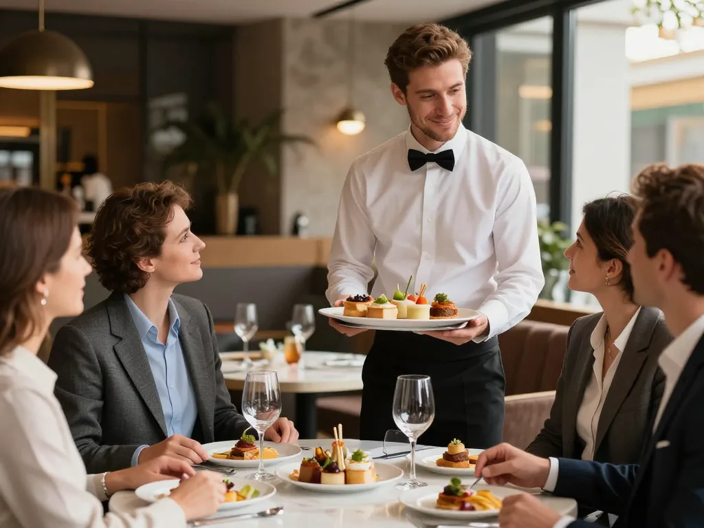 Service professionnel et attentionné lors d'un cocktail dînatoire d'entreprise à Lyon montrant l'adaptabilité du traiteur.