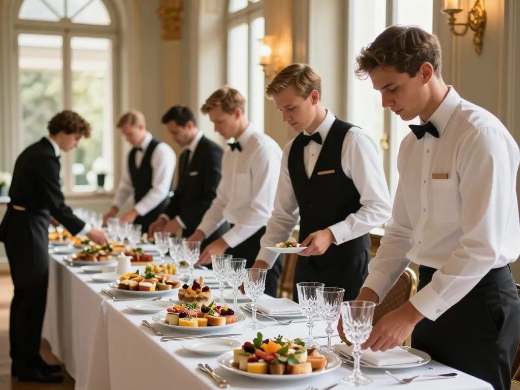 Équipe de traiteur professionnel organisant le service et la logistique d'un mariage de luxe à Lyon.