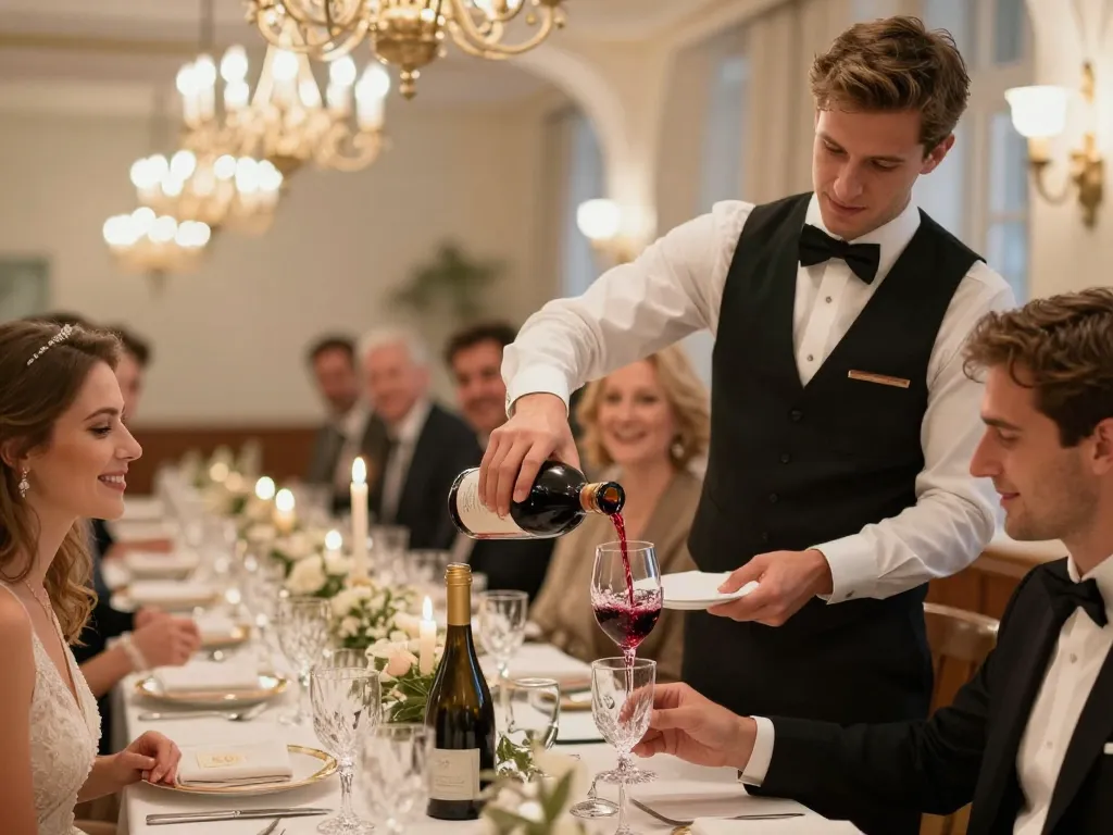 Serveur professionnel versant du vin à des invités lors d'un repas de mariage élégant à Lyon, illustrant le service de vin sans droit de bouchon.