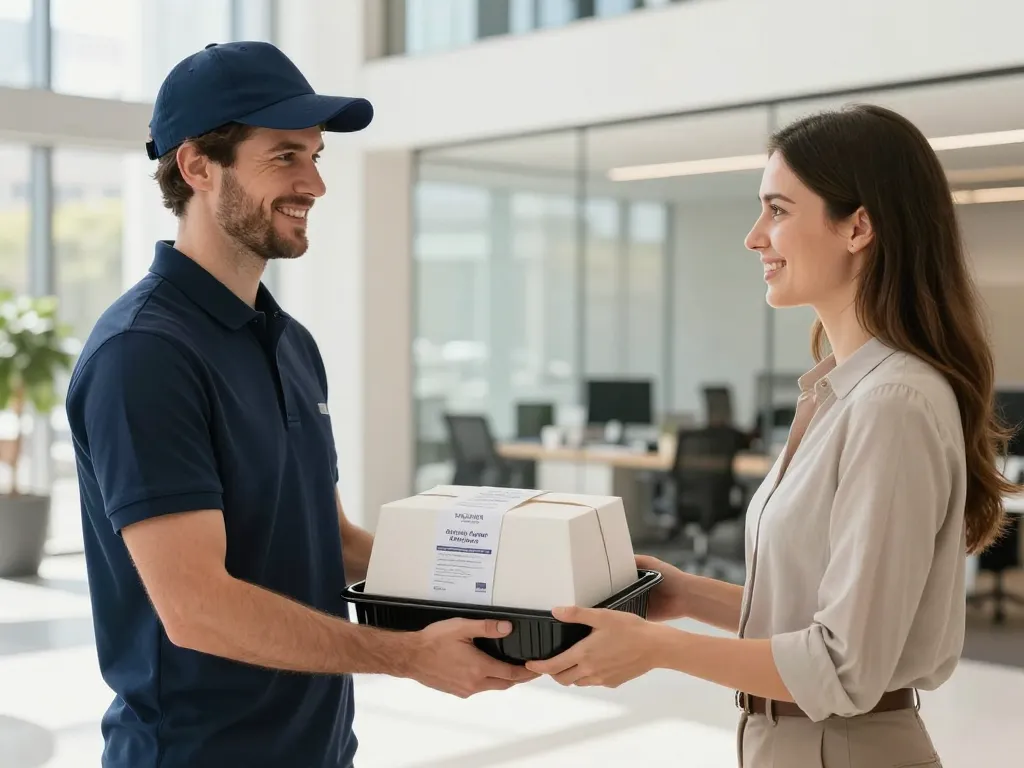 Livraison express de plateaux-repas gastronomiques à un professionnel dans un bureau lyonnais.